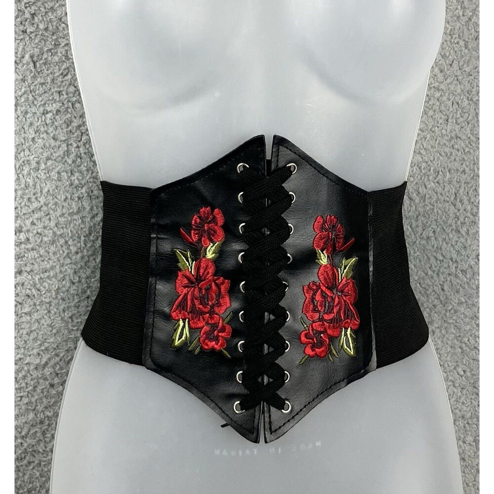 Lace Up Corset Belt Women's S Embroidered Rose Faux Leather Ships From USA